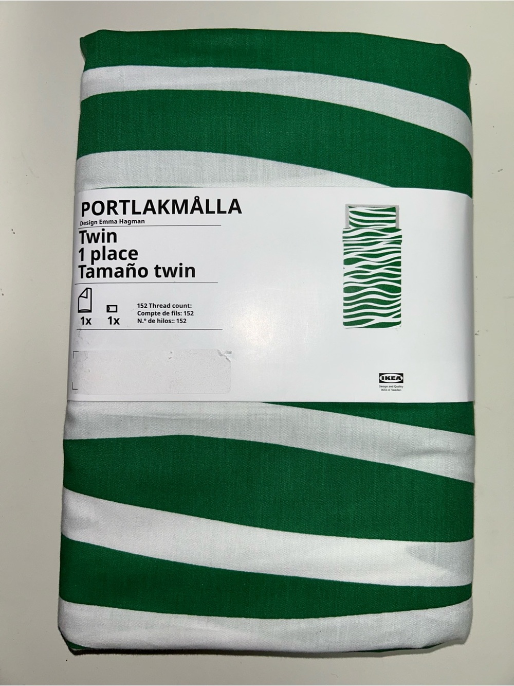 IKEA Portlakmalla Green White Twin Duvet Queen Pillow Sham 2 Piece Set